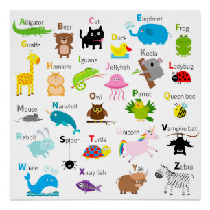 Alphabet with animal pictures and letters poster