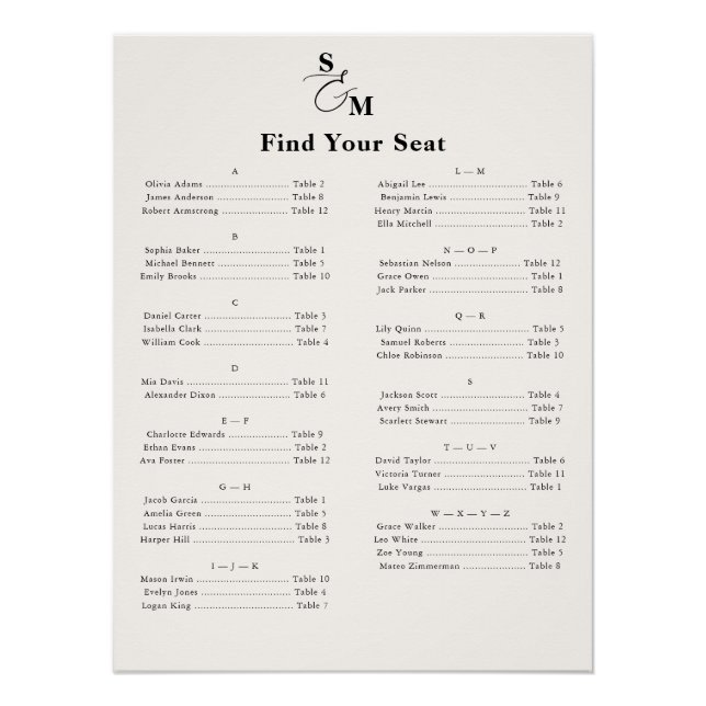 Alphabetical Classic Monogram Ivory Seating Chart (Front)