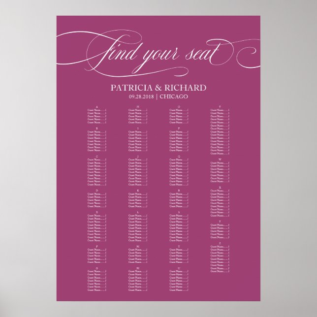 Alphabetical Elegant Cassis Wedding Seating Chart (Front)