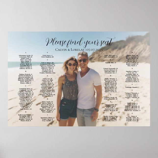 Alphabetical elegant photo wedding seating chart (Front)