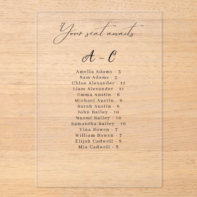 Alphabetical Guest List Acrylic Seating Card Invitations (Front)