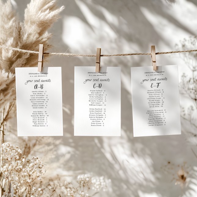 Alphabetical Modern Wedding Guest Seating List (Streamlined and organized wedding seating chart featuring a convenient alphabetical name arrangement)