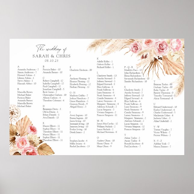 Alphabetical order Boho Floral Seating chart (Front)
