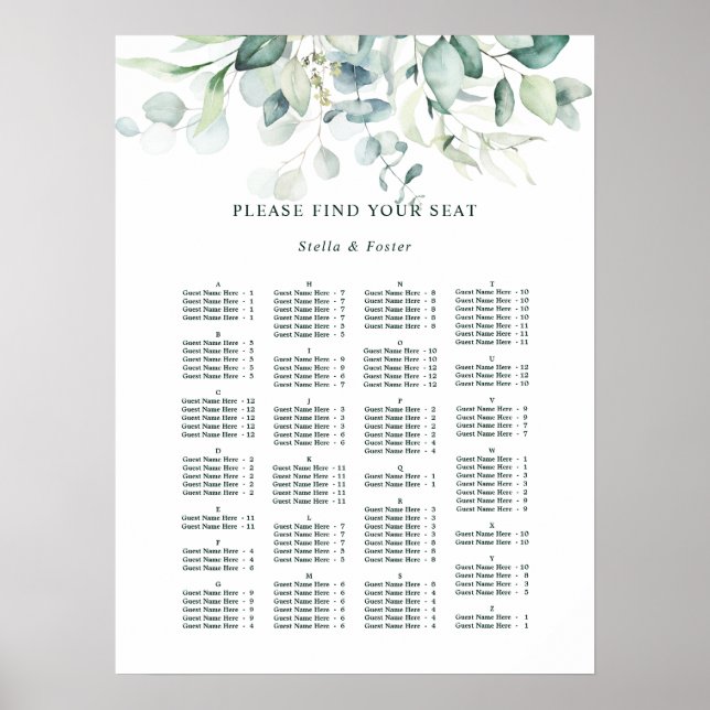 ALPHABETICAL Order Elegant Wedding Seating Chart (Front)