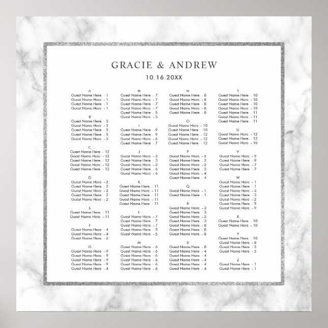ALPHABETICAL ORDER Marble Wedding Seating Chart (Front)