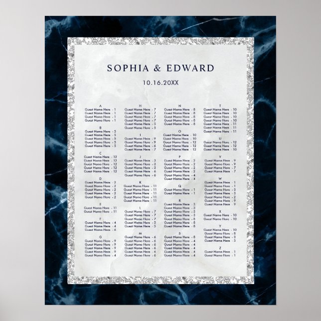 ALPHABETICAL ORDER Marble Wedding Seating Chart (Front)