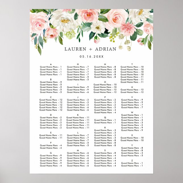ALPHABETICAL ORDER Wedding Seating Chart (Front)