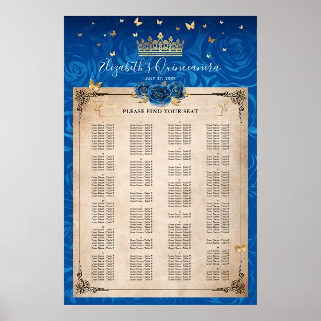 Alphabetical Royal Blue and Gold Roses Seating Poster (Front)
