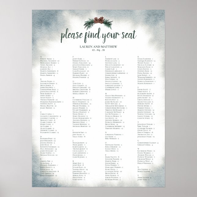 Alphabetical Rustic Wedding Seating Chart Poster (Front)