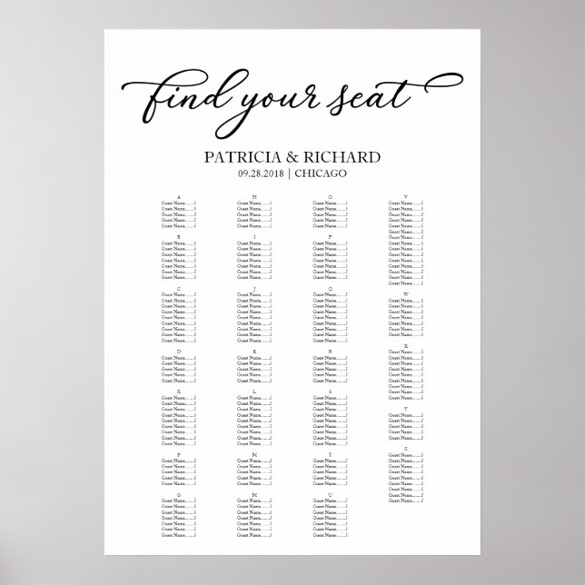 Alphabetical Seating Chart Chic Black Script (Front)
