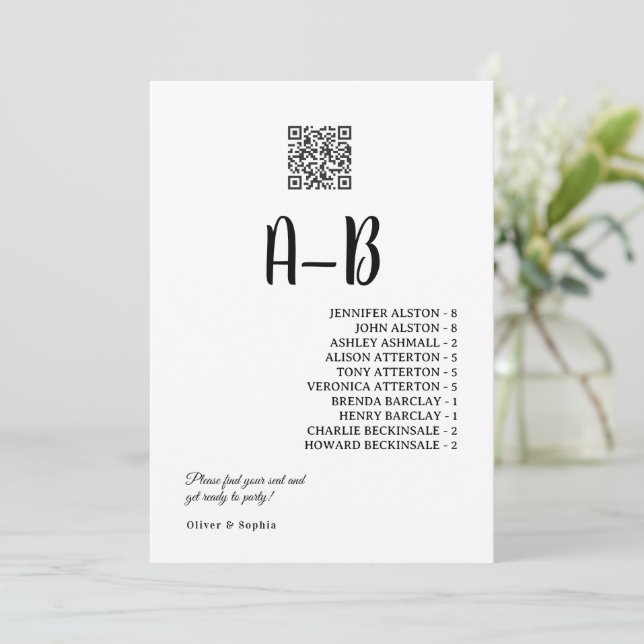 Alphabetical Seating Chart, Wedding Table Cards (Standing Front)
