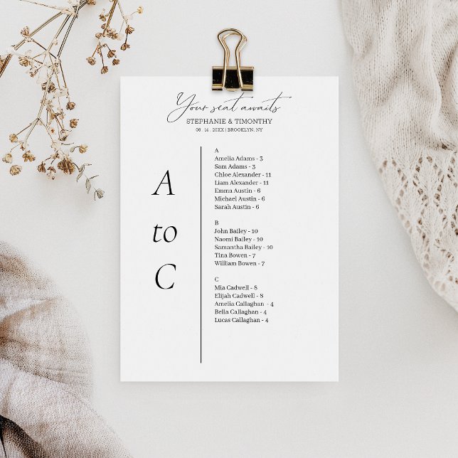 Alphabetical Wedding Guest Seating List Cards (Convenient and organized wedding seating chart with alphabetical name arrangement.)