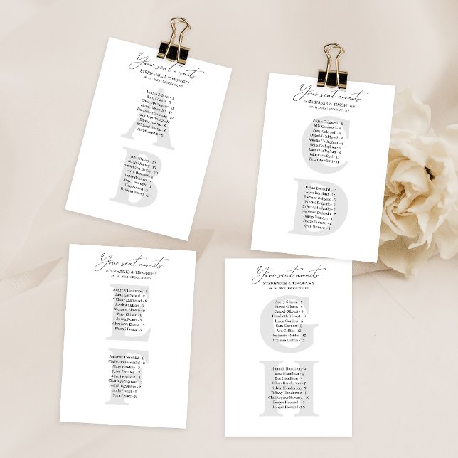 Alphabetical Wedding Guest Seating List Cards (Convenient and organized wedding seating chart with alphabetical name arrangement.)