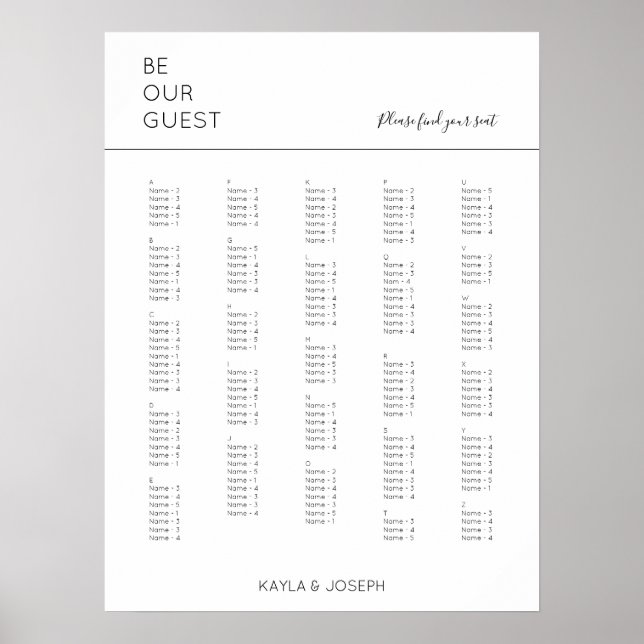 Alphabetical Wedding Seating Chart (Front)