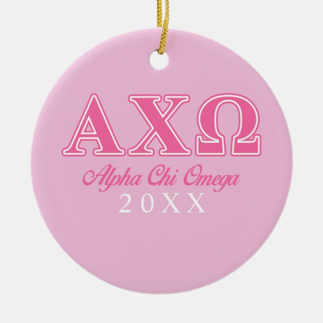 Alphi Chi Omega Pink Letters Ceramic Tree Decoration (Front)