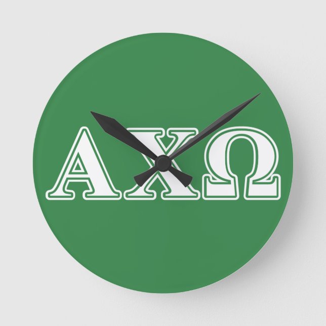 Alphi Chi Omega White and Green Letters Round Clock (Front)