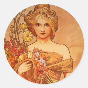 Alphonse (Alfons) Mucha Bouquet Classic Round Sticker