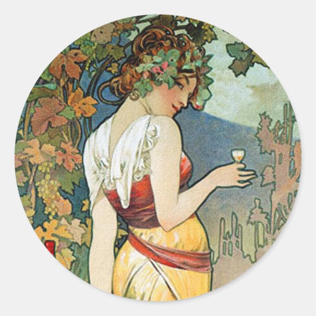 Alphonse (Alfons) Mucha: Cognac - Art Nouveau Classic Round Sticker (Front)