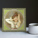 Alphonse Mucha Amethyst Green Art Nouveau Vintage Ceramic Tile<br><div class="desc">This ceramic tile is part of a set of three (Ruby, Topaz and Amethyst) inspired by the iconic Art Nouveau era of the renowned Czech artist Alphonse Mucha. Mucha is widely recognised as one of the leading Art Nouveau designers and is known for his collaborations with the legendary actress Sarah...</div>
