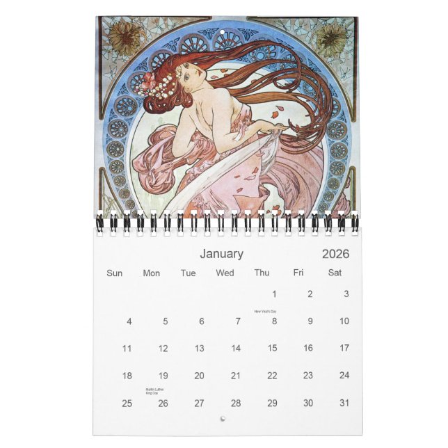Alphonse Mucha Art Calendar (Jan 2026)