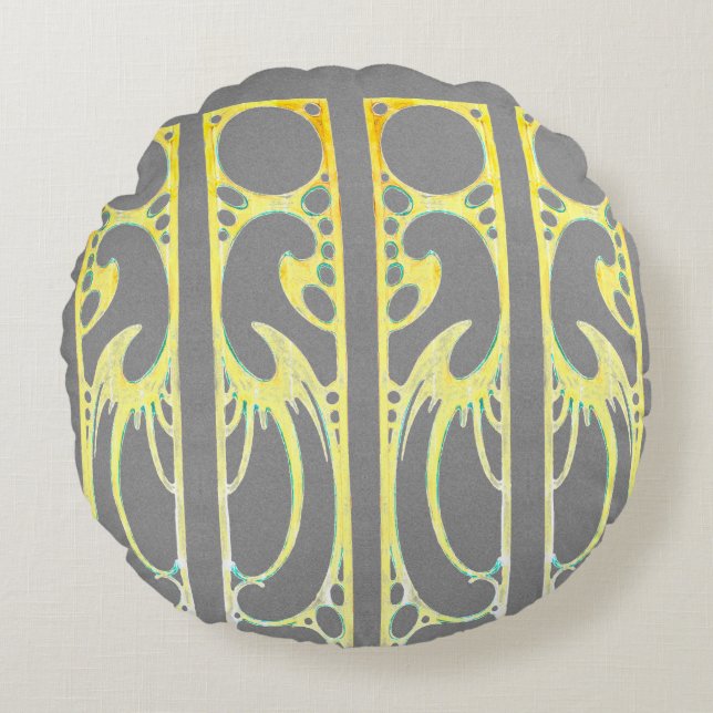 Alphonse Mucha art nouveau abstract art grey  Round Cushion (Front)