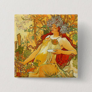 Alphonse Mucha Art Nouveau Autumn 15 Cm Square Badge