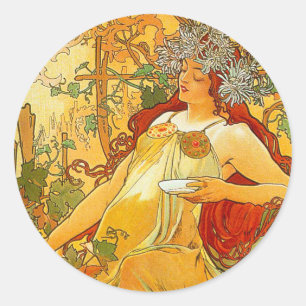 Alphonse Mucha Art Nouveau Autumn Classic Round Sticker