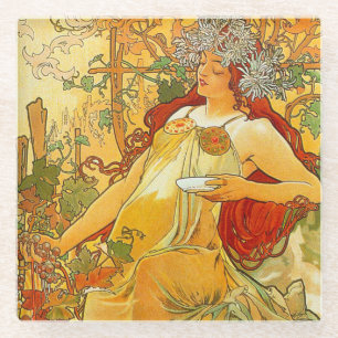 Alphonse Mucha Art Nouveau Autumn Glass Coaster