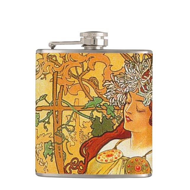 Alphonse Mucha Art Nouveau Autumn Hip Flask (Front)