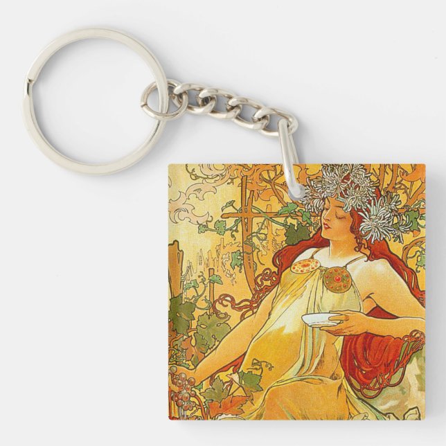 Alphonse Mucha Art Nouveau Autumn Key Ring (Front)