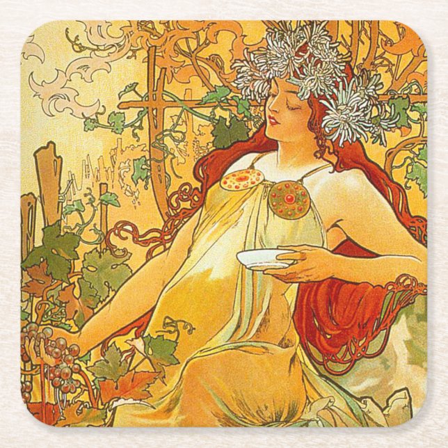 Alphonse Mucha Art Nouveau Autumn Square Paper Coaster (Front)