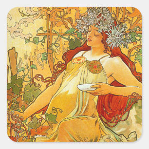 Alphonse Mucha Art Nouveau Autumn Square Sticker