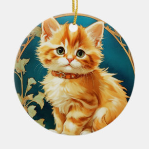 Alphonse Mucha Art Nouveau Cat Ceramic Ornament