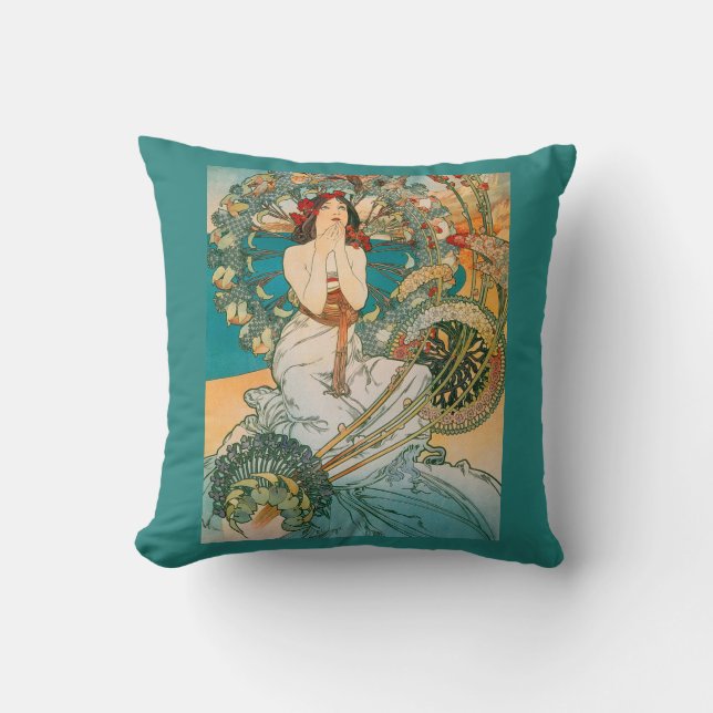 Alphonse Mucha Art Nouveau Dark Haired Lady Pillow (Front)