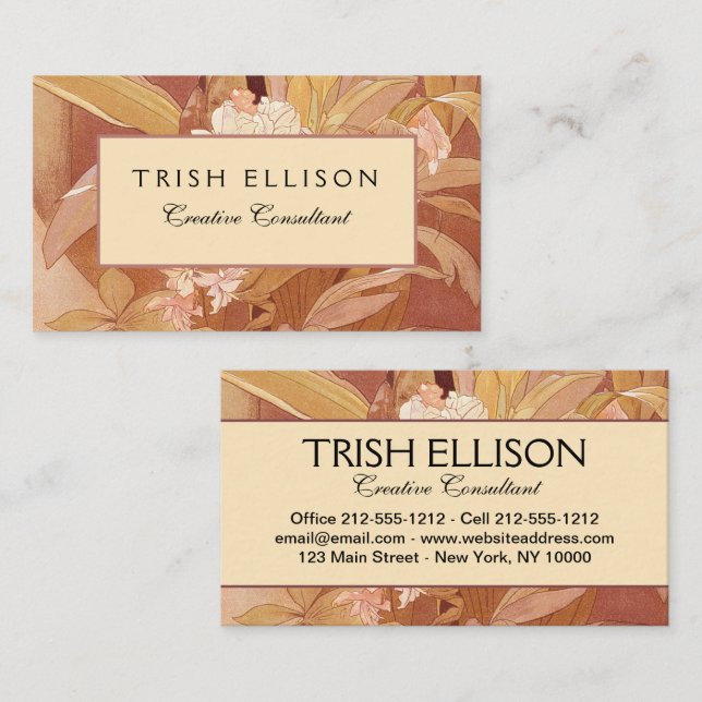Alphonse Mucha Art Nouveau Floral Detail Business Card (Front/Back)