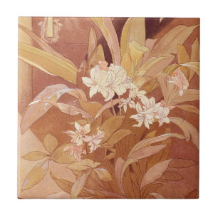 Alphonse Mucha Art Nouveau Floral Detail Ceramic Tile