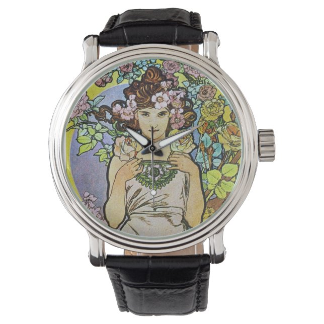 Alphonse Mucha Art Nouveau Floral girl Watch (Front)