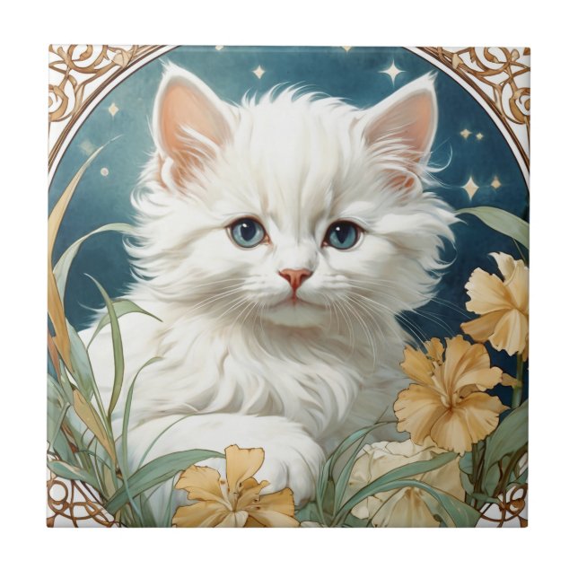 Alphonse Mucha Art Nouveau Kitten Ceramic Tile (Front)