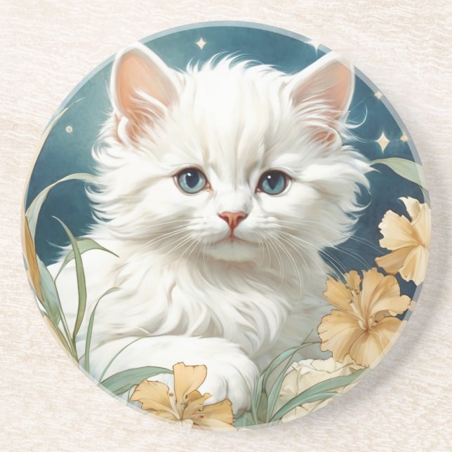 Alphonse Mucha Art Nouveau Kitten Coaster (Front)