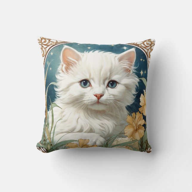 Alphonse Mucha Art Nouveau Kitten Cushion (Front)