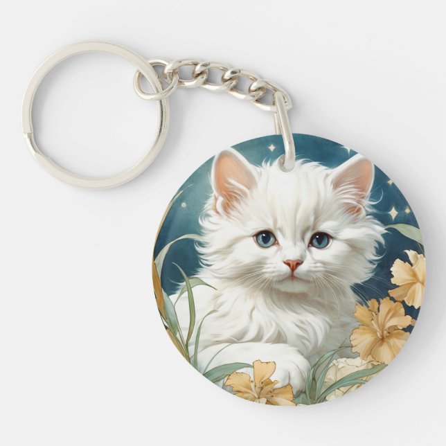 Alphonse Mucha Art Nouveau Kitten Key Ring (Front)