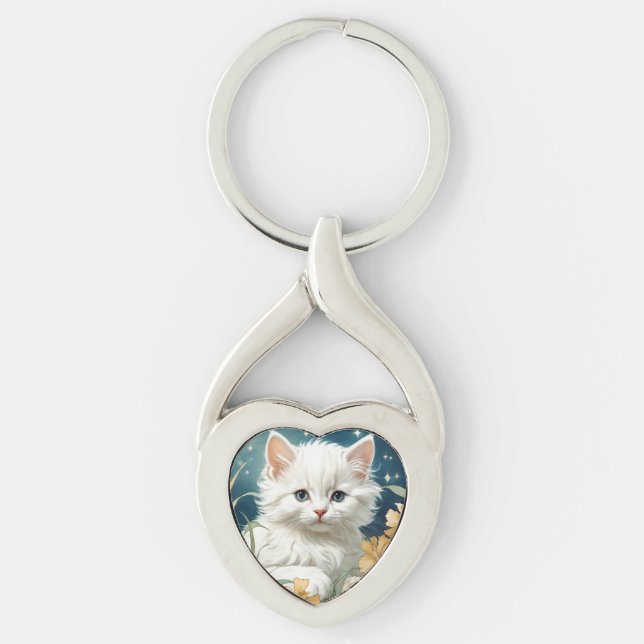Alphonse Mucha Art Nouveau Kitten Key Ring (Front)