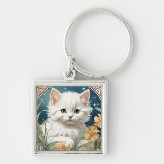 Alphonse Mucha Art Nouveau Kitten Key Ring (Front)