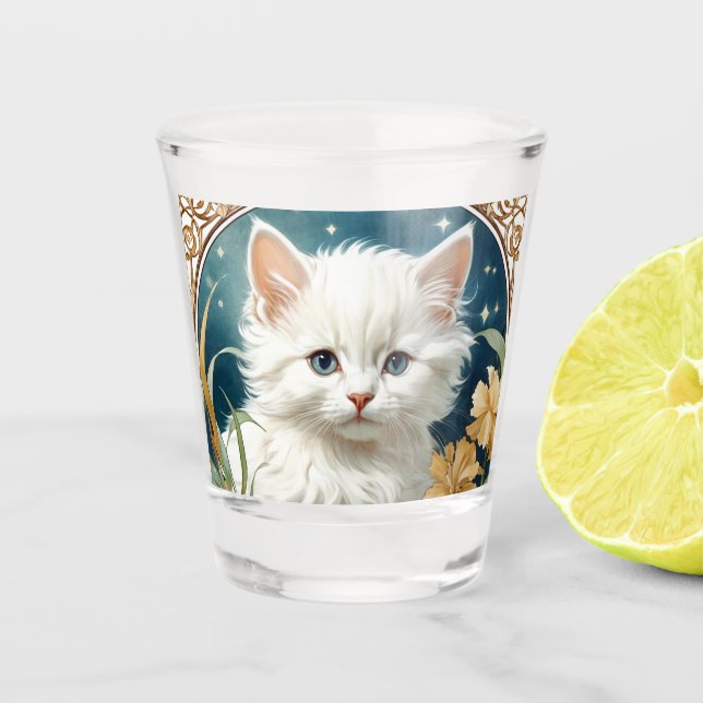 Alphonse Mucha Art Nouveau Kitten Shot Glass (Front)