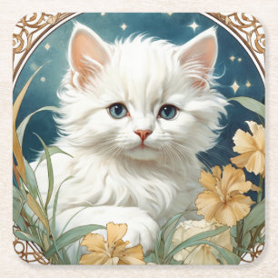 Alphonse Mucha Art Nouveau Kitten Square Paper Coaster