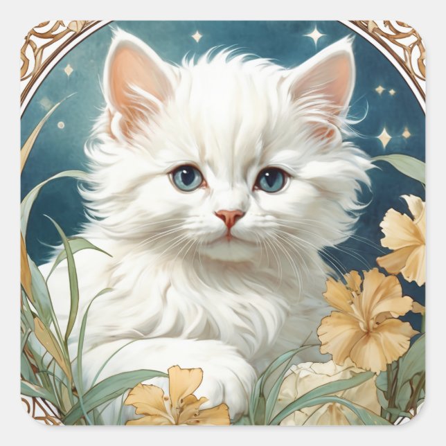 Alphonse Mucha Art Nouveau Kitten Square Sticker (Front)