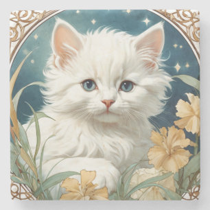 Alphonse Mucha Art Nouveau Kitten Stone Coaster
