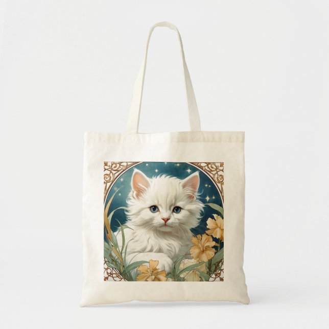 Alphonse Mucha Art Nouveau Kitten Tote Bag (Front)