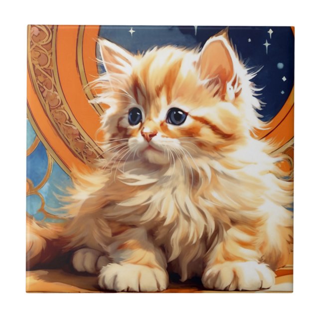 Alphonse Mucha Art Nouveau Orange Cat Ceramic Tile (Front)