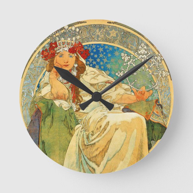 Alphonse Mucha Art Nouveau Princess Hyacinth Round Clock (Front)